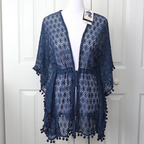 All Threads Cabana Kimono Navy Blue Cover-Up - Pom fringe, Open Tie-Front - Picture 1 of 6